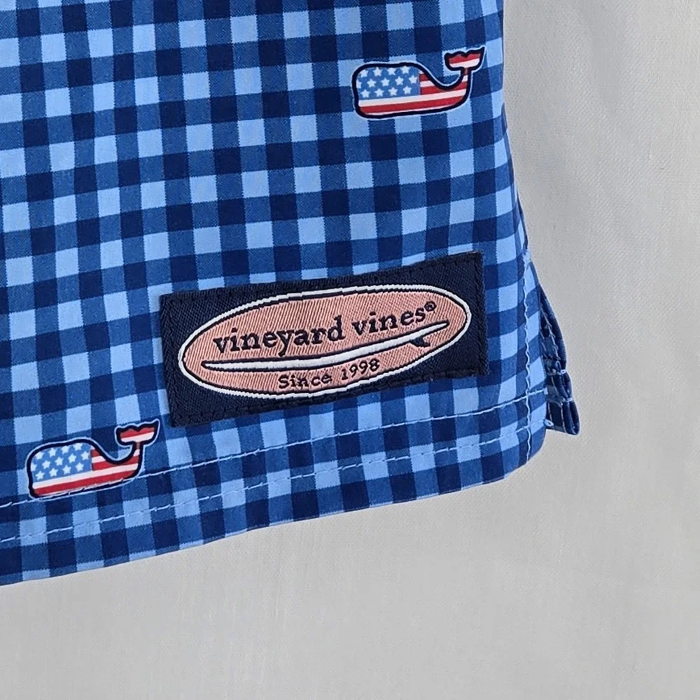 Vineyard Vines Boys Chappy Swim Trunks Blue Gingham Check American Flag Whales L